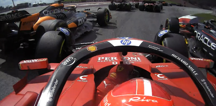 F1: el choque entre Leclerc y Piastri, que llevó a la Ferrari a boxes