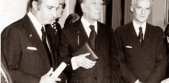 EL "PODIO" DE BORGES, CON FANGIO Y LELOIR